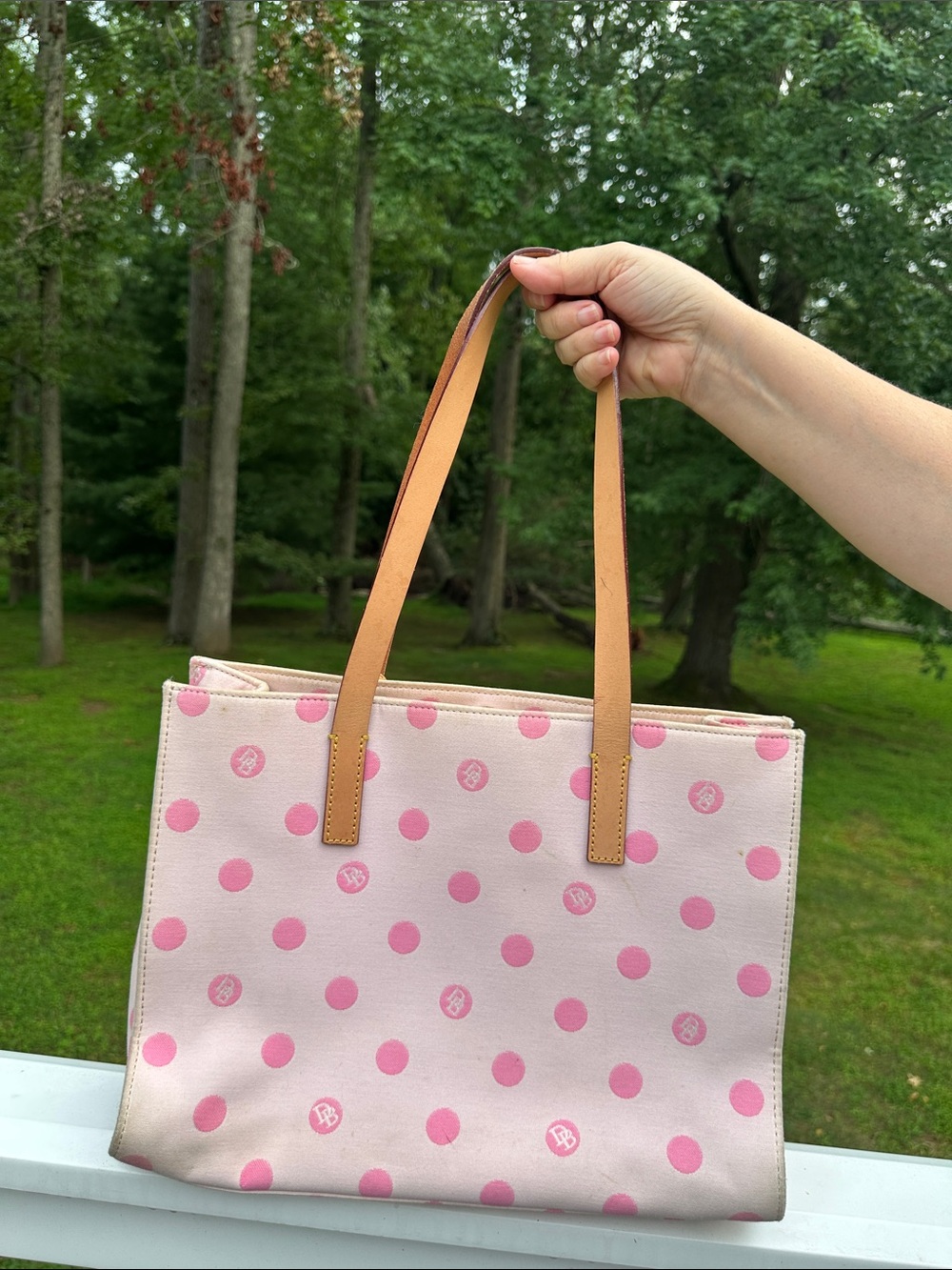 Dooney & Bourke East/West Pink Polka Dot Tote Bag with Tan Straps - Picture 5 of 15